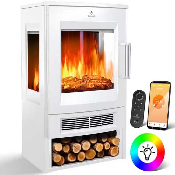 Electric fireplace with heating, panoramic viewing window, fan heater, 9 LED flame effect