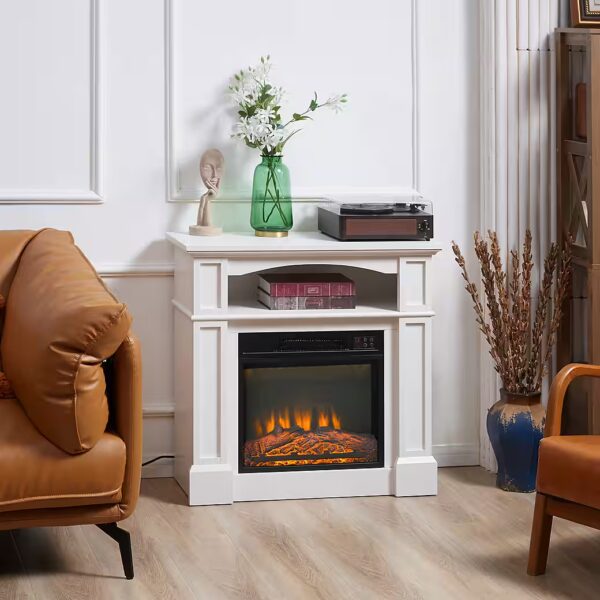 Electric fireplace with heater, 3D LED flame effect, shelf, 1800 W for living room, bedroom, white