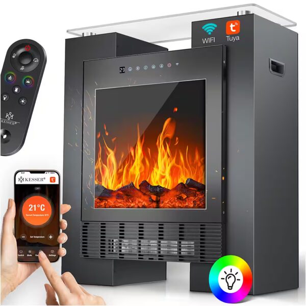 Electric fireplace with LED lighting, heating & thermostat, flame effect via app and remote control