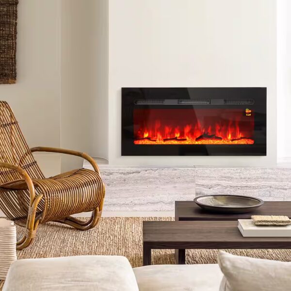 Electric fireplace 1800 W, with LED flame effect, in 3 colors with 5 brightness levels with remote control, touchscreen, wall mount, black