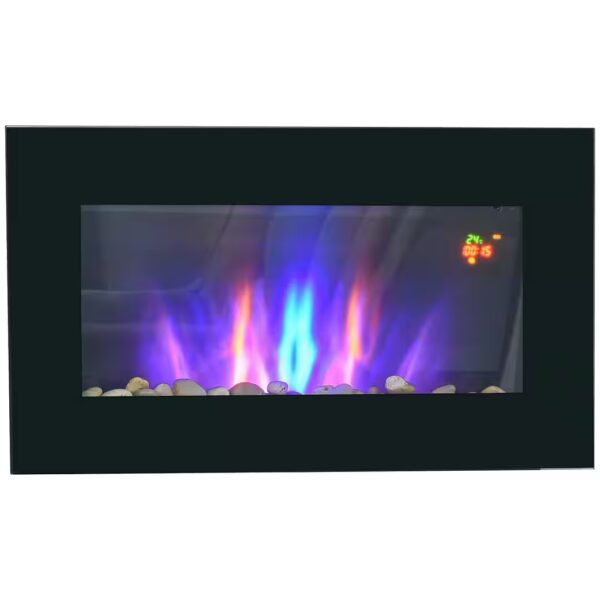 Electric fireplace with LED flame effect, 1000/2000W, in 7 colors with remote control, wall mount, black