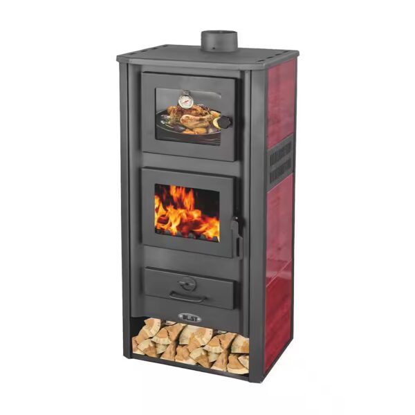 Wood-burning stove with oven compartment, red, Ambasador stove, continuous burning stove For heating and baking without electricity/gas