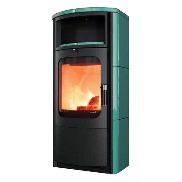 Opera Petrol wood-burning stove 7 kW, continuous burning, the bestseller in a new exclusive look with petrol-colored tiles