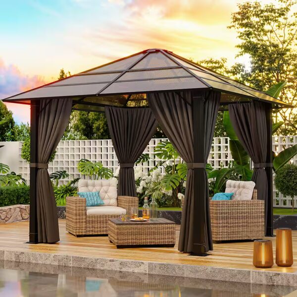 Pavilion 3x3/3x4m Garden Pavilion Thickened Aluminum Pavilion, UV Protection with 4 side panels (180G extra thick polyester fabric, waterproof, rustproof and UV-resistant), 16 pieces of 6 mm hollow chamber PC sheets for the top layer