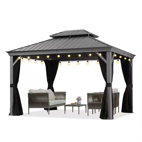 Aluminum hardtop pavilion garden pavilion with side panels and LED string lights