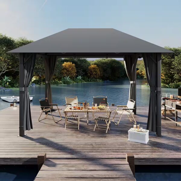 Pavilion, Winterproof and Waterproof 3x3/3x4m Patio for 6-10 People with 4 side panels, (160 g + counterweight PU-coated polyester fabric, thick rigid frame), pavilion with 90 mm aluminum, triangular reinforcement and double-beam roof