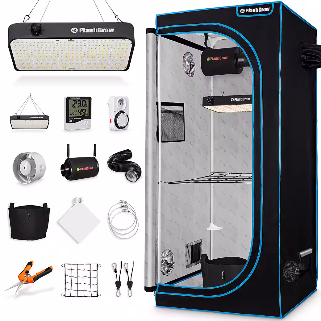 PlantiGrow Growbox Complete Greenhouse Set – Indoor Greenhouse with 150W full spectrum LED lamp (dimmable), 1680D, carbon filter, inline duct fan, exhaust hose, grow tent, propagation tent
