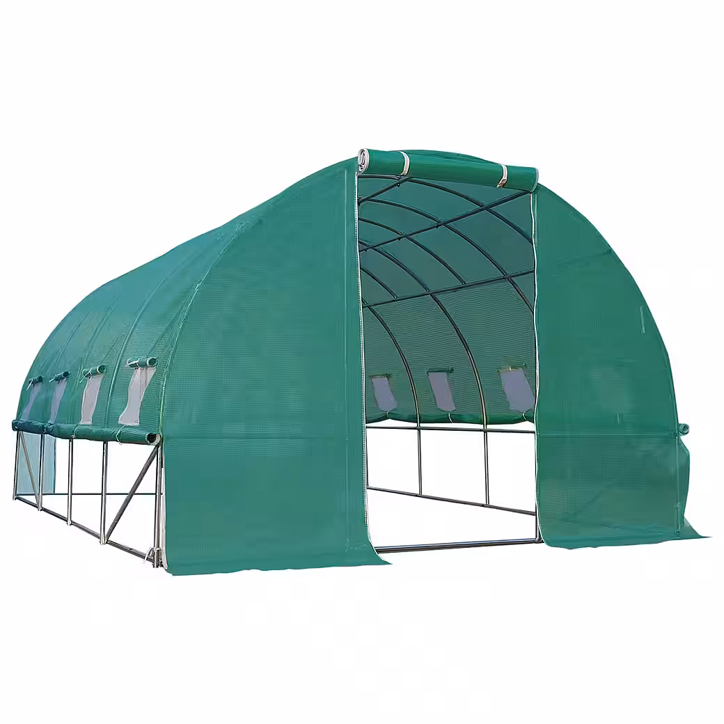 Foil greenhouse, greenhouse with steel foundation, roll-up side walls