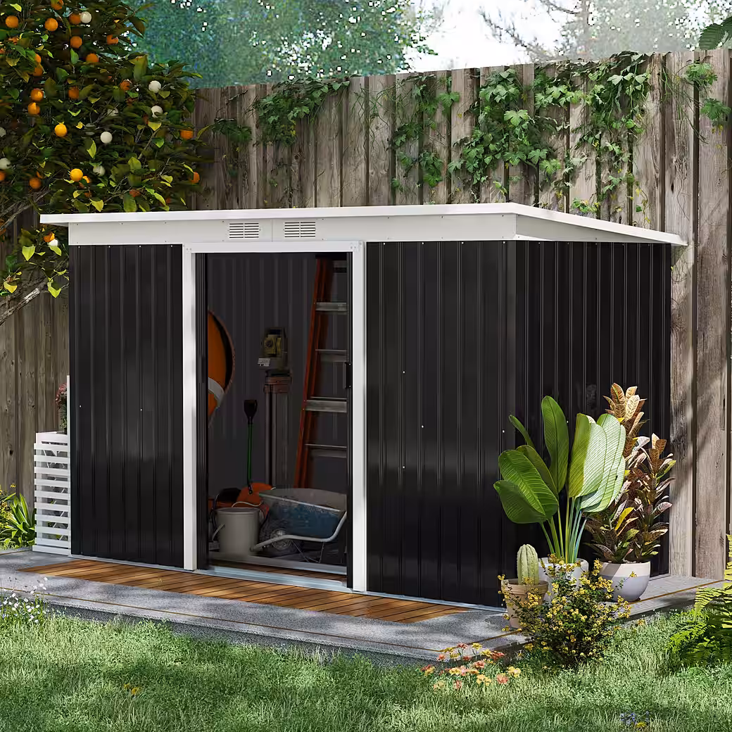 Garden shed with sliding door, window, steel Dimensions (WxL): 280x130 cm, (shed, 1 pc., garden shed), for garden, dark green