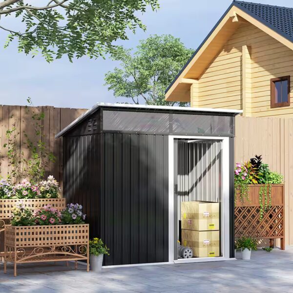 Tool shed with foundation, pent roof, window, sliding door, hooks, gloves
