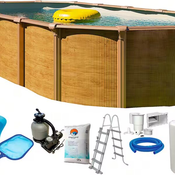 Oval pool Wood Design, including safety ladder & accessories, sand-colored inner liner (Set, 10-piece), Height: 132 cm, incl. water care set