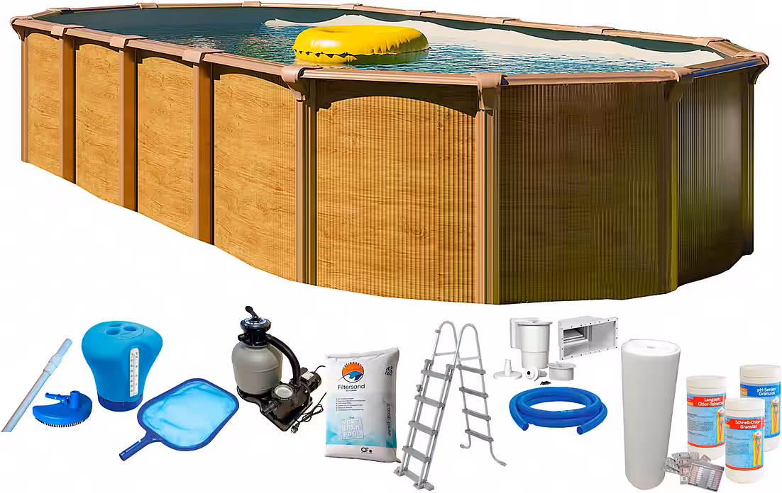 Oval pool Wood Design, including safety ladder & accessories, sand-colored inner liner (Set, 10-piece), Height: 132 cm, incl. water care set