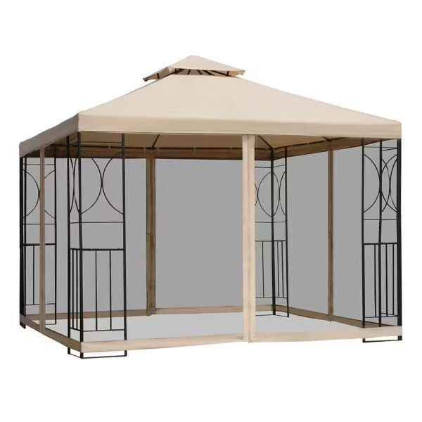 Pavilion party tent, weatherproof tent with 4 shelves, metal + polyester with 4 side panels, (party tent, garden pavilion), for garden, beige