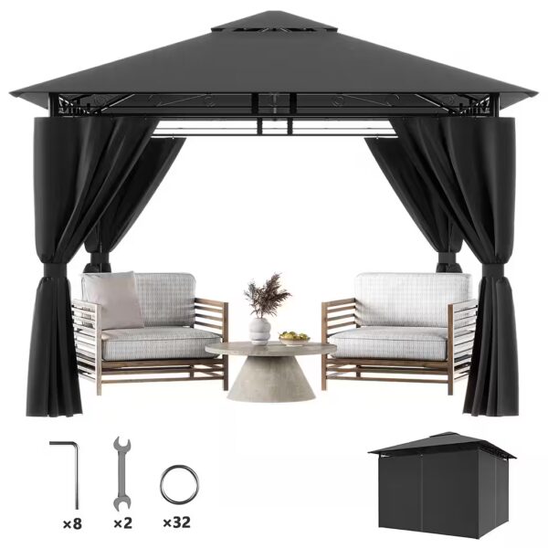 Pavilion Gazebo Party Tent 3*3CM Waterproof Garden Pavilion for 6-8 People with 4 side panels, (With 4 side walls, UV protection, double roof, suitable for gardens, terraces, available in beige and grey)