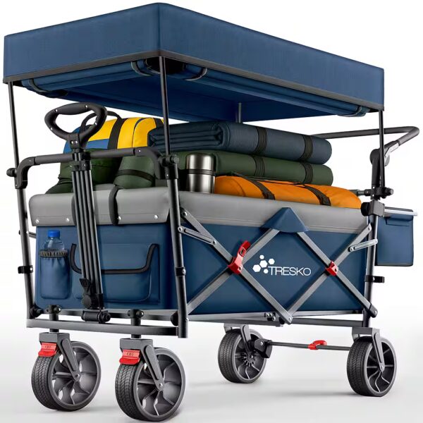 TRESKO Folding Wagon Handcart (Parking brakes (front & rear) and 3-point seat belt, max. load capacity up to 150kg, transport trolley with solid rubber tires), foldable with roof, cooling compartment & side blinds, handcart