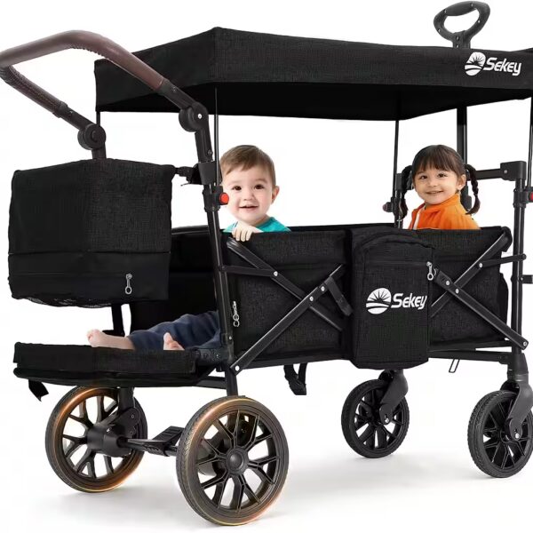 Foldable wagon with canopy, children's wagon with XXL PU wheels (24/20 cm)