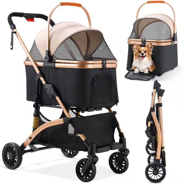 Foldable dog buggy, lightweight aluminum frame and breathable mesh (Dog stroller, shockproof & space-saving for small dogs/cats), ideal for travel, walks and vet visits