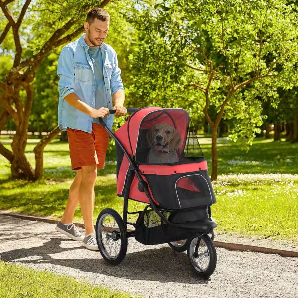 Foldable dog buggy with all-terrain rubber wheels, cushion, mesh windows, and doors. (Dog stroller, 1-piece), for dogs & cats up to 20 kg, red
