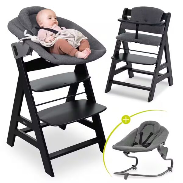 Alpha Plus Black Newborn Set Premium High Chair (Set), wooden baby chair from birth including attachment for newborns & seat cushion