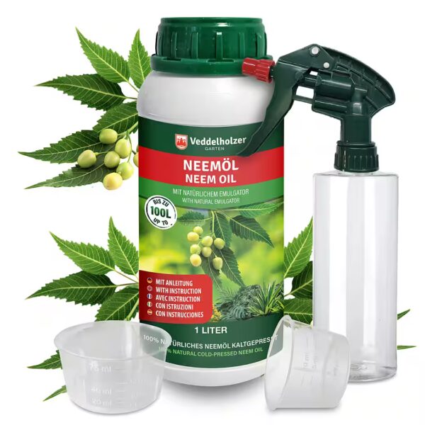 Plant strengthener 1000 ml premium cold-pressed 100% natural neem oil complete set with natural emulsifier + 500 ml spray bottle & 2 measuring cups, natural plant care, for indoor & outdoor use