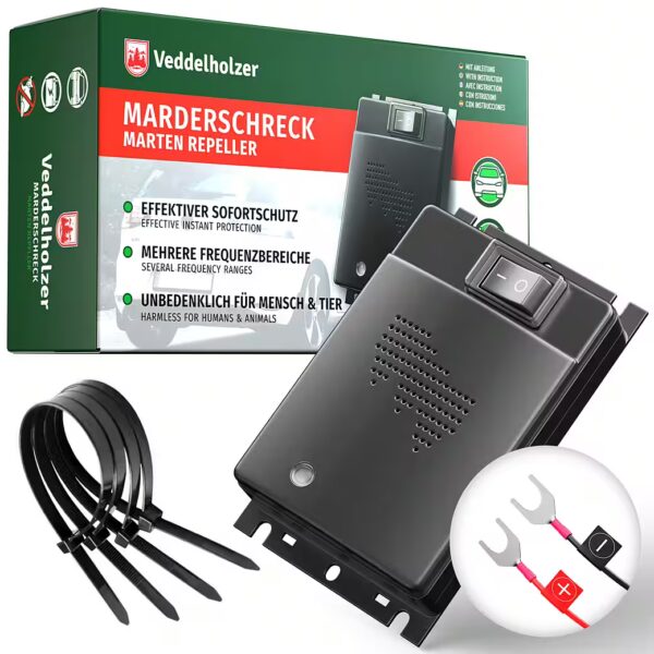 Ultrasonic animal repellent, marten deterrent for cars, car battery powered, ultrasonic frequency range