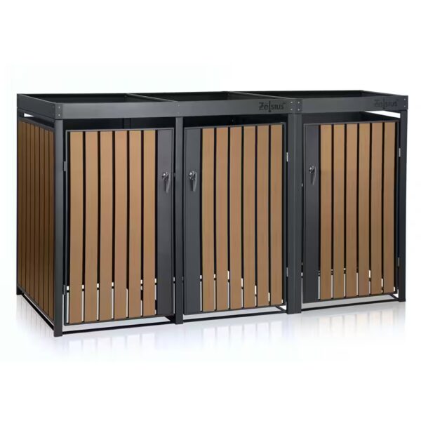 Bin storage unit with green roof for 3 bins, 120 - 240 liters, RAL 7016, door with wood look