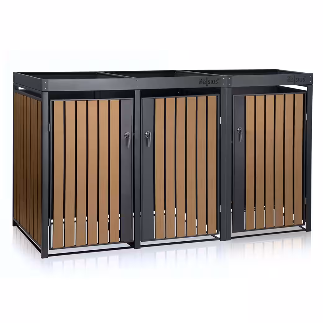 Bin storage unit with green roof for 3 bins, 120 - 240 liters, RAL 7016, door with wood look