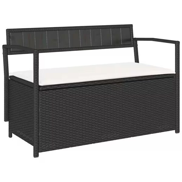 Garden bench with storage and cushions, black poly rattan