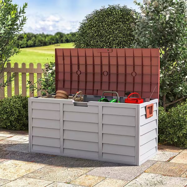 Lockable waterproof plastic garden box with lid (1 pc), lid with lifting function, integrated handles and wheels