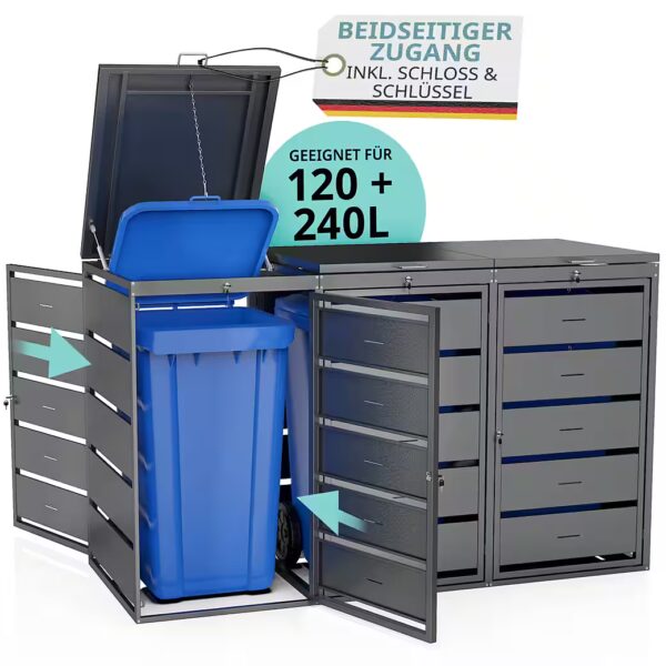 Metal bin storage box for 3 x 240L or 3 x 120L bins, anthracite, lockable lid, weatherproof