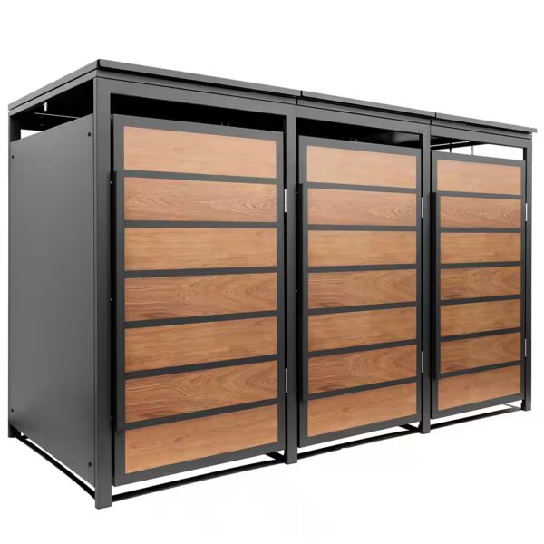 Garbage can enclosure, garbage box, garbage can cover, 3 doors, anthracite with wood decor, box