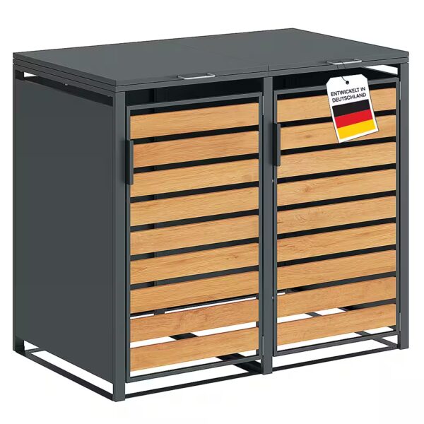 Kestra 120L bin storage box made of galvanized steel (Anthracite/Wood, For 2 tons), available with 1, 2, 3, 4 or 5 doors, with wood-look viewing strip