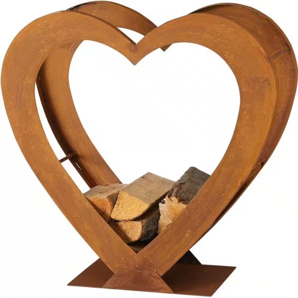 Metal firewood rack, heart design, freestanding, 75 cm high, rust-effect finish.