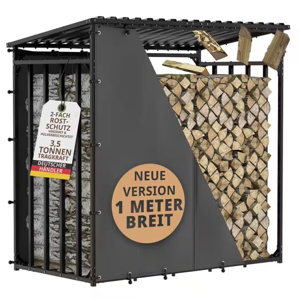 Metal firewood rack, 1m deep, for outdoor use, with roof, XXL size with weather protection, 30x30mm