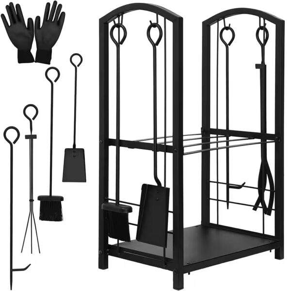 Firewood rack, firewood storage, 6-piece fireplace set, fireplace tools, fireplace gloves, fireplace accessories