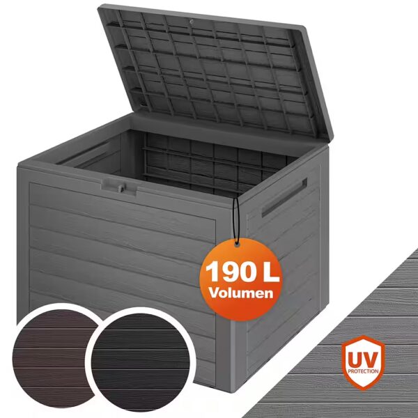 Lille storage box (1 pc), 190L UV-resistant, recessed handles, lockable, balcony, wood look, grey