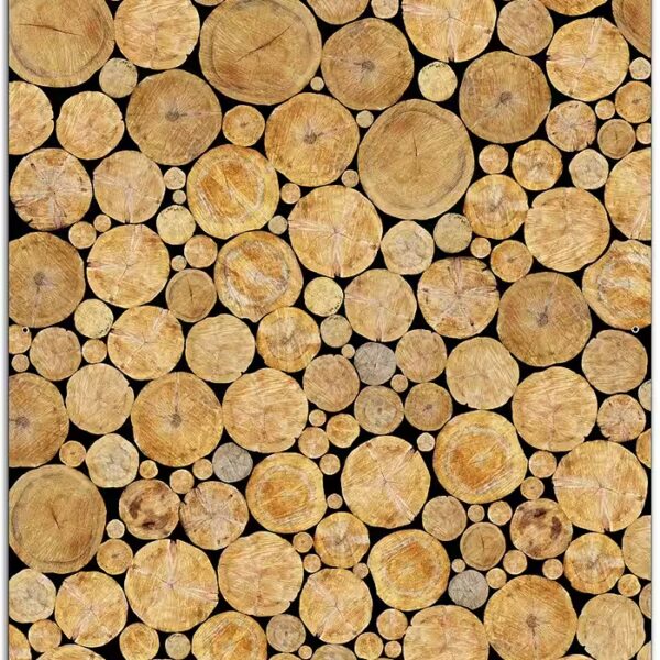 Privacy fence panels, round stacks of wood