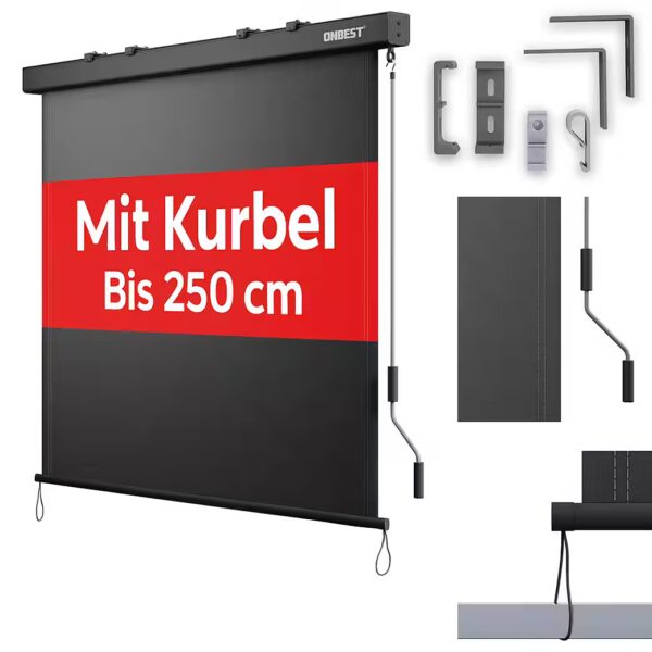 Vertical awning with hand crank, including mounting material 250 x 160 cm, dirt-repellent, weatherproof, UV-resistant
