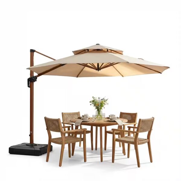 ound outdoor parasol with wood look, double canopy, garden parasol