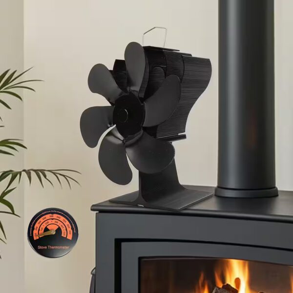 Fireplace fan, stove fan with fireplace thermometer, non-electric fan with automatic, power-free operation for optimal heat distribution