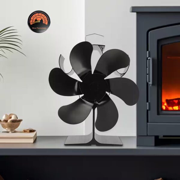 Fireplace fan, non-electric fan with fireplace thermometer, stove fan with power-free operation for safe and efficient heating performance