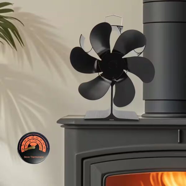 Fireplace fan 6 blades Stove fan No electricity required Heat powered Including thermometer, efficient heat distribution for fireplaces and stoves