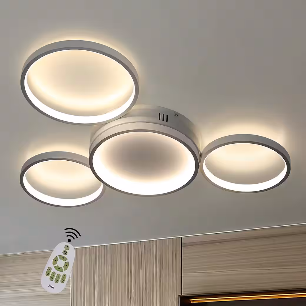 Modern LED Ceiling Light with 4 Lights, Ring Style, Remote Control, for Bedroom Integrated LED, dimmable, warm white-cool white
