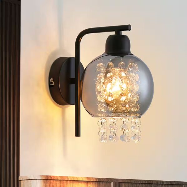 Wall light, smoke grey, glass globe, crystal, E27, indoor bedroom, modern hallway lamp