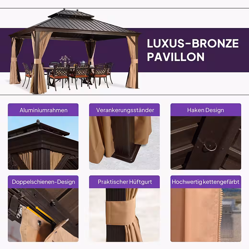 Outdoor pavilion: Aluminum garden pavilion with steel roof, hardtop and side panels - Image 10