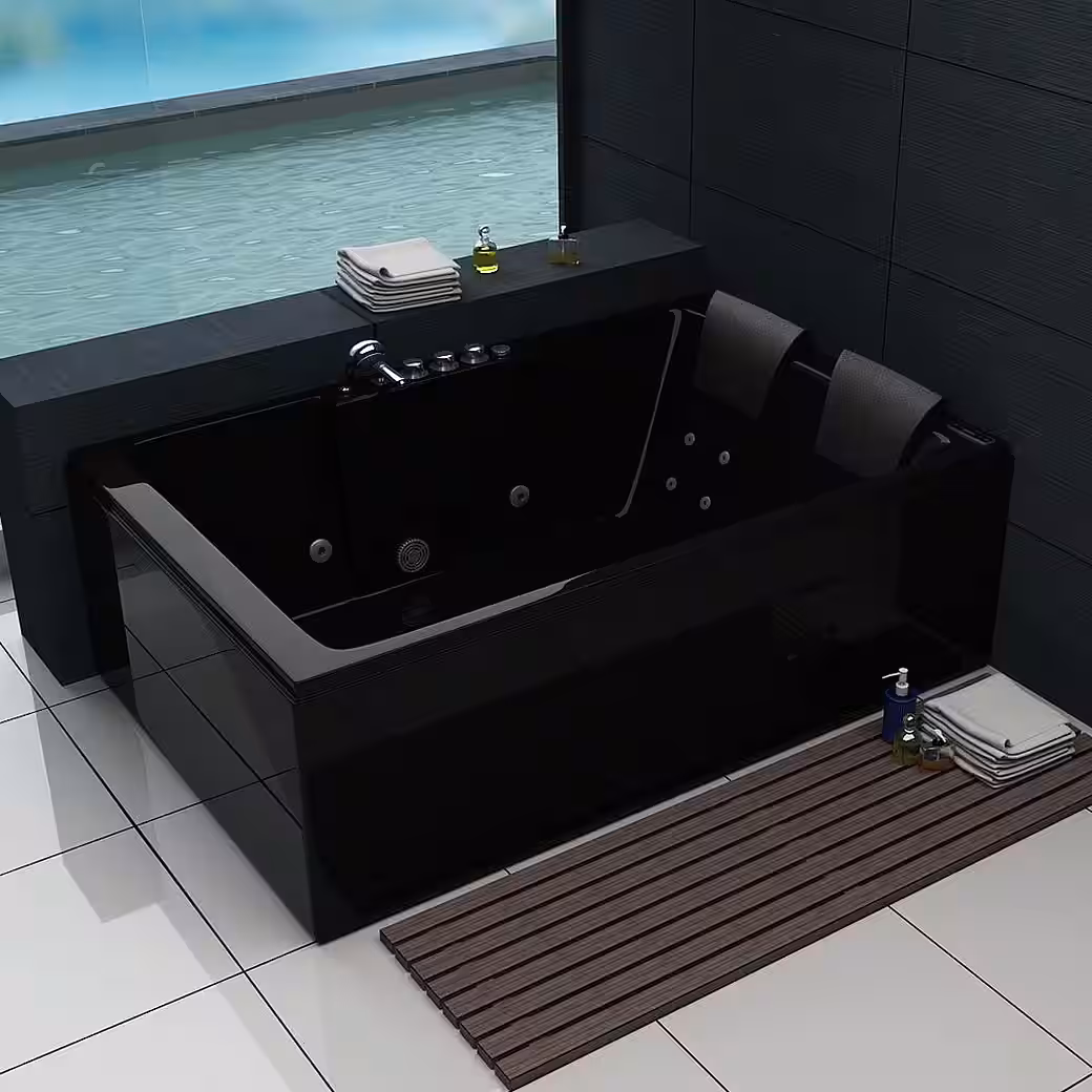 Luxury LED Whirlpool Bathtub, Black, 180x120 cm + Heater + Hydrojets + Ozone - Image 2