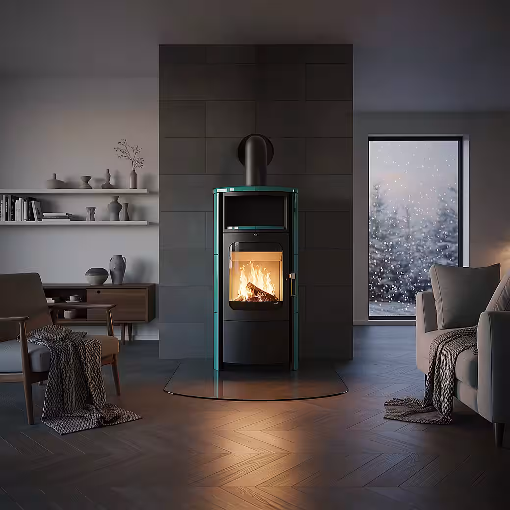 Opera Petrol wood-burning stove 7 kW, continuous burning, the bestseller in a new exclusive look with petrol-colored tiles - Image 2