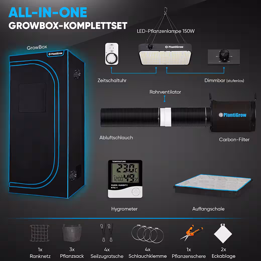 PlantiGrow Growbox Complete Greenhouse Set – Indoor Greenhouse with 150W full spectrum LED lamp (dimmable), 1680D, carbon filter, inline duct fan, exhaust hose, grow tent, propagation tent - Image 2