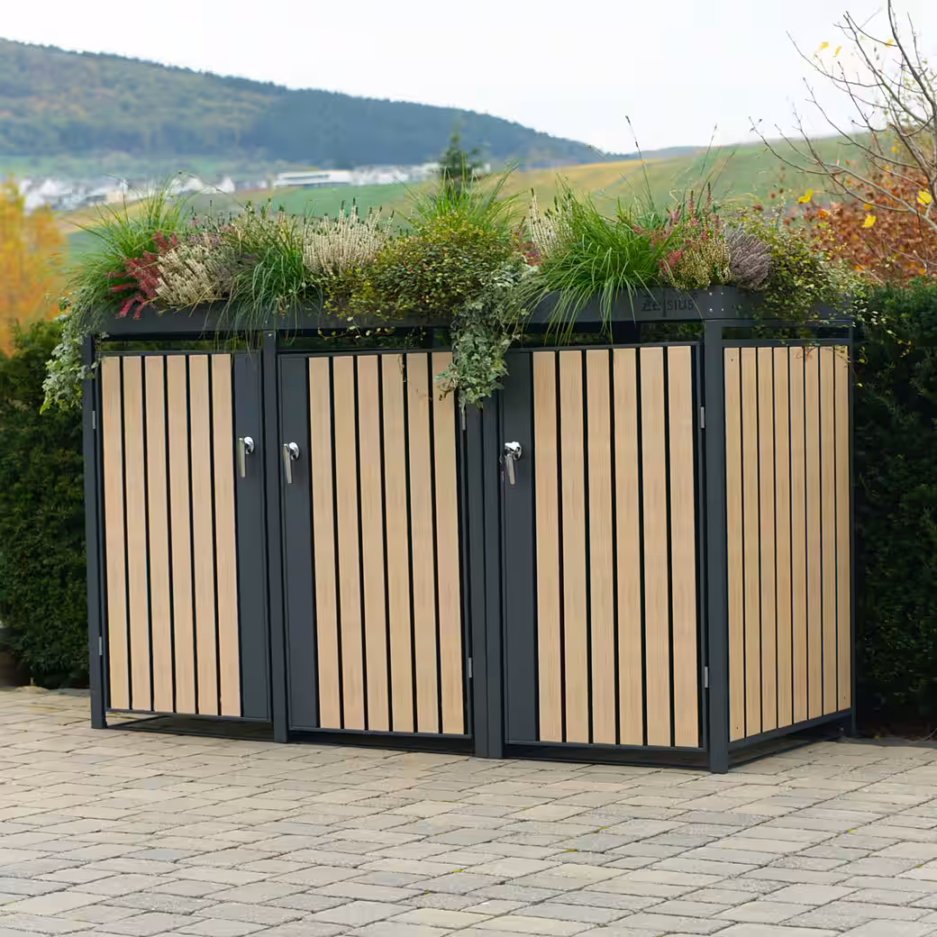 Bin storage unit with green roof for 3 bins, 120 - 240 liters, RAL 7016, door with wood look - Image 2