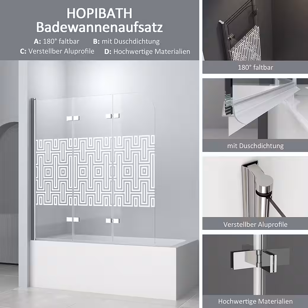 3-piece bathtub screen, shower wall for bathtub, frosted glass, modern design - Image 3